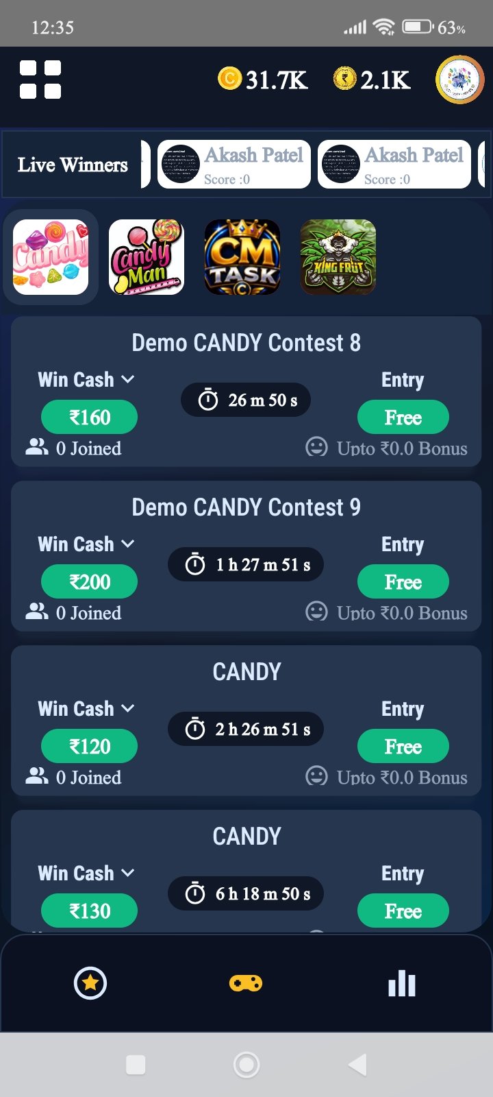 CM TASK games screen